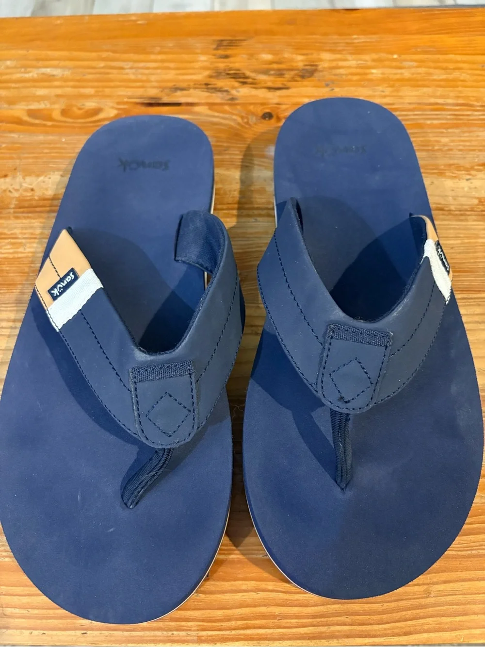 Sanuk Sawyer Navy Blue and Tan Men's Flip-Flops